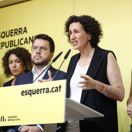 La secretaria general de ERC en funciones, Marta Rovira, durante una rueda de prensa de ERC, en la sede del partido, a 2 de agosto de 2024, en Barcelona, Catalunya (España).