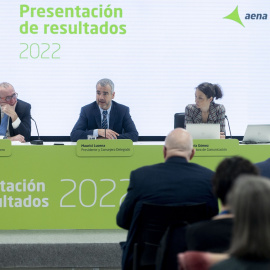 El presidente y consejero delegado de Aena, Maurici Lucena (c), en el director económico-financiero, José Leo (i), y la directora de Comunicación, María Gómez (d), en la presentación de resultados de 2022. — Alberto Ortega / EUROPA PRESS