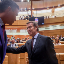 El presidente del Gobierno, Pedro Sánchez, y el líder del PP, Alberto Núñez Feijóo, se saludan en una sesión plenaria en el Senado, a 7 de junio de 2022, en Madrid.