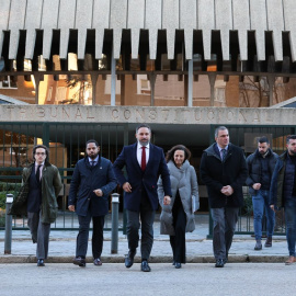 Representantes de Vox con Santiago Abascal a la cabeza antes de presentar un recurso de inconstitucionalidad en la sede del Tribunal Constitucional, a 19 de enero de 2023, en Madrid.