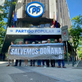 Activistas de Ecologistas en Acción sujetan una pancarta frente a la sede del PP en Madrid para protestar por la gestión de Doñana.