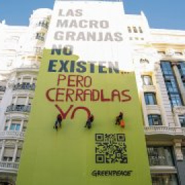 Greenpeace pide acabar con las macrogranjas con un cartel gigante en Madrid: "No existen… pero cerradlas ya"