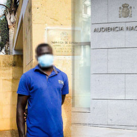 El joven sudanés Basir (nombre ficticio para proteger su identidad) en la Embajada de España en Marruecos, a 13 de diciembre de 2022, con una imagen de la fachada de la Audiencia Nacional al lado (composición)