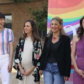 La ministra de Ciencia e Innovación, Diana Morant; la ministra de Derechos Sociales y Agenda 2030, Ione Belarra; la vicepresidenta segunda del Gobierno y ministra de Trabajo, Yolanda Díaz, y la ministra de Igualdad, Irene Montero