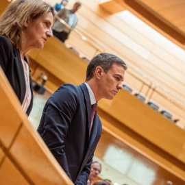 La vicepresidenta tercera y ministra para la Transición Ecológica y el Reto Demográfico, Teresa Ribera, y el presidente del Gobierno, Pedro Sánchez, durante una sesión plenaria en el Senado