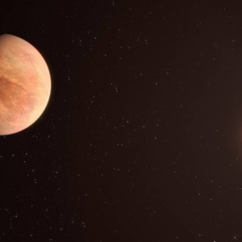 Recreación del ligero exoplaneta L 98-59b con su estrella al fondo.