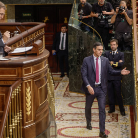 El candidato a la presidencia del Gobierno y líder del PP, Alberto Núñez Feijóo (i) durante su intervención junto al presidente del Gobierno en funciones, Pedro Sánchez (d) en la segunda jornada del debate de su investidura en el Congreso este miér