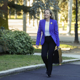 La vicepresidenta primera y Ministra de Economía, Comercio y Empresa, Nadia Calviño, a su llegada ese miércoles al Palacio de La Moncloa.