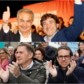 Arriba, José Luis Rodríguez Zapatero y Eneko Andueza en Barakaldo. Abajo, Arnaldo Otegi y Pello Otxandiano en Santurtzi.