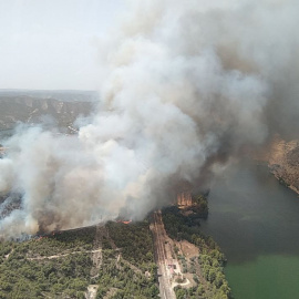 Imatge aèria del foc forestal que crema prop del riu Ebre a la Pobla de Massaluca.