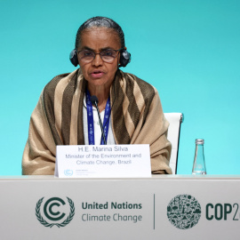 Marina Silva, la ministra de Medio Ambiente y Cambio Climático de Brasil, durante una conferencia de prensa en la COP28, en Dubái, a 10/12/2023