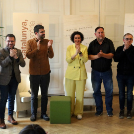 Acte de la campanya d'ERC pel 12-M a Suïssa, amb Pere Aragonès, Oriol Junqueras, Ruben Wagensberg i Marta Rovira, entre d'altres.