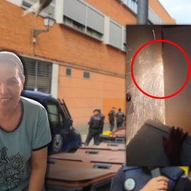 Un montaje fotográfico muestra a Souad, el momento en el que la Policía utiliza una radial para romper la puerta de la vivienda y la calle donde se ha producido el desahucio