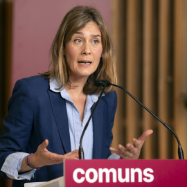 La candidata a la presidencia de la Generalitat por Comuns Sumar, Jéssica Albiach, durante la rueda de prensa para valorar la decisión del presidente del Gobierno, Pedro Sánchez, a 29 de abril de 2024.