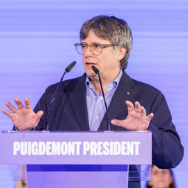 El candidat de Junts, Carles Puigdemont, en l'acte central de campanya per al 12-M a Argelers.