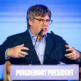 El candidato de Junts a las elecciones catalanas, Carles Puigdemont, durante un mitin de campaña de su partido, en Argelès, Francia, a 4 de mayo de 2024.