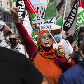 Varias personas con banderas y carteles, durante una manifestación por la libertad del Pueblo Saharaui-