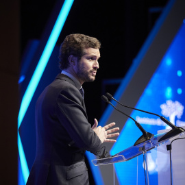 El líder del Partido Popular, Pablo Casado, interviene durante en el XXIV Congreso Nacional de la Empresa Familiar en el Palacio de Congresos y Auditorio Baluarte, en Pamplona. E.P./Eduardo Sanz