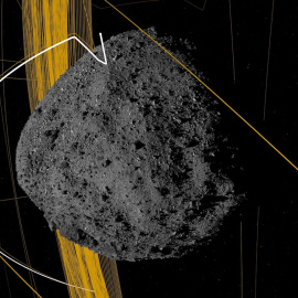 Imagen computarizada cedida por el Centro de vuelo espacial Goddard de la NASA que muestra la simulación de trayectoria del asteroide Bennu. EFE