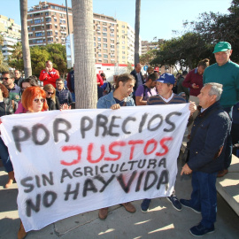 Agricultores de la Unión de Agricultores Independientes con pancartas manifestándose en Almería a 26 de febrero de 2023.