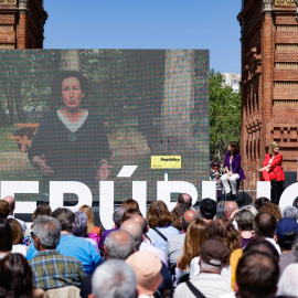 La secretaria general de ERC, Marta Rovira, interviene de manera telemática durante el acto de ERC ‘Festa de la República’, en el paseo Companys, a 13 de abril de 2024, en Barcelona, Catalunya.