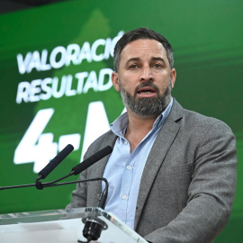 El líder de Vox, Santiago Abascal durante la rueda de prensa tras la reunión del Comité de Acción Política en la sede del partido este miércoles.