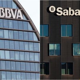 Los logos del BBVA y del Banco Sabadell, en sus respectivas sedes corporativas en el norte de Madrid y en Sant Cugat del Vallés (Barcelona).