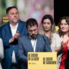 El presidente de la Generalitat de Catalunya y candidato de ERC a la reelección, Pere Aragonès, en una rueda de prensa por la jornada electoral.