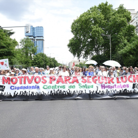 La cabeza de la manifestación para defender la sanidad pública, a 19 de mayo de 2024, en Madrid.