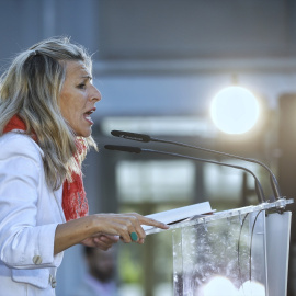 19/05/2024 La vicepresidenta segunda del Gobierno, Yolanda Díaz, durante su intervención en un acto de campaña, a 17 de mayo de 2024.