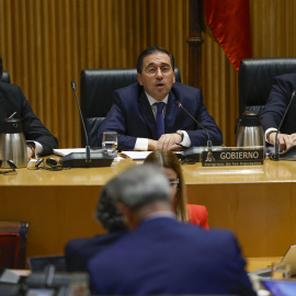 El ministro de Asuntos Exteriores José Manuel Albares en la Comisión de Asuntos Exteriores de este lunes en el Congreso.