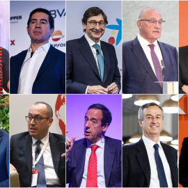 Los jefes de la gran banca: En la fila superior, de izq. a der., Ana Botín (presidenta de Banco Santander), Carlos Torres (presidente de BBVA), José Ignacio Goirigolzarri (presidente de Caixabank), Josep Oliú  (presidente de Banco Sabadell), y Pedro Gu