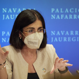 La ministra de Sanidad, Carolina Darias, comparece en rueda de prensa tras presidir desde Pamplona el pleno telemático del Consejo Interterritorial del Sistema Nacional de Salud