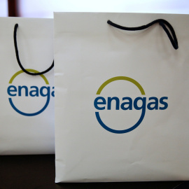 El logo de Enagas en unas bolsas durante una presentación de la compañía de distribución gasista en Madrid. REUTERS/Andrea Comas.