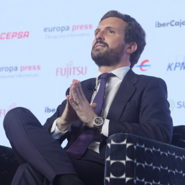 El residente del Partido Popular, Pablo Casado, interviene en un Desayuno Informativo de Europa Press.