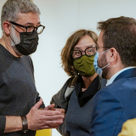 Carles Riera i Eulàlia Reguant amb Pere Aragonès en un acte recent de la CUP.