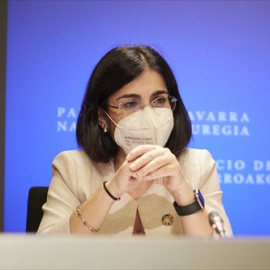 La ministra de Sanidad, Carolina Darias, comparece en rueda de prensa tras presidir desde Pamplona el pleno telemático del Consejo Interterritorial del Sistema Nacional de Salud, en el Palacio de Navarra, a 2 de junio de 2021.