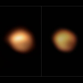 Imágenes de Betelgeuse tomadas con el instrumento SPHERE, instalado en el Very Large Telescope (Chile), en enero de 2019 (con su brillo normal), diciembre de 2019, enero de 2020 y marzo de 2020, en las que se observa la gran atenuación de la estrella