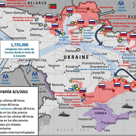 Mapa actualizado a 8 de marzo de 2022 de la invasión de Rusia a Ucrania.