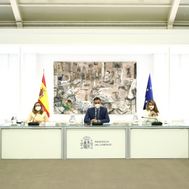 07/03/2022. Pedro Sánchez presidiendo la mesa de diálogo con los agente sociales en La Moncloa, a 07/03/2022.