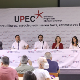 Imatge d'arxiu d'un col·loqui en les jornades de la UPEC 2022 amb Oriol Junqueras (ERC), Ferran Pedret (PSC), Jéssica Albiach (Comuns) i Maria Sirvent (CUP).