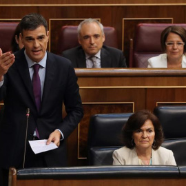 El presidente del Gobierno, Pedro Sánchez, durante una de sus réplicas en el Congreso. EFE