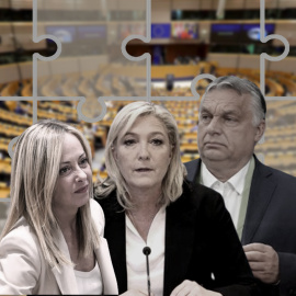 12/10/2024 Los líderes de extrema derecha Giorgia Meloni, Marine Le Pen y Viktor Orbán sobre una imagen del pleno del Parlamento Europeo.