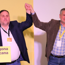 El president d'ERC, Oriol Junqueras, alçant la mà amb Pau Ricomà, actual alcalde de Tarragona, després de ser elegit novament de cap de llista del partit a les eleccions municipals del 2023,