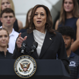 La actual vicepresidenta de EEUU y candidata a la Presidencia, Kamala Harris durante un discurso en la Casa Blanca, a 22 de julio de 2024, en Washington.