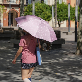 23 de julio de 2024. Una mujer con paraguas por las altas temperaturas paseando por Sevilla el 23 de julio de 2024.