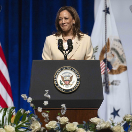 La vicepresidenta Kamala Harris durante un mitin en Indiana.