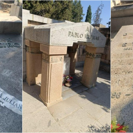 Estado de las tumbas de Julián Besteiro, Pablo Iglesias y Dolores Cebrián, en el Cementerio Civil de Madrid.