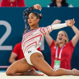 La atleta estadounidense, Jordan Chiles, durante su ejercicio de suelo para los JJOO de París 2024.