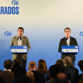 11/03/2022 El líder del PP, Alberto Núñez Feijóo, y el presidente del PPCV, Carlos Mazón, comparecen en un encuentro con simpatizantes del partido, en el MuVIM - Museo Valenciano de la Ilustración y Modernidad